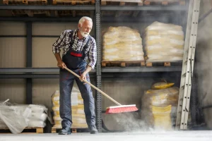 dust accumulation on beams and racking in a Winnipeg industrial warehouse
