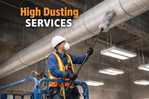 High dusting removal from overhead beams in Winnipeg commercial facility