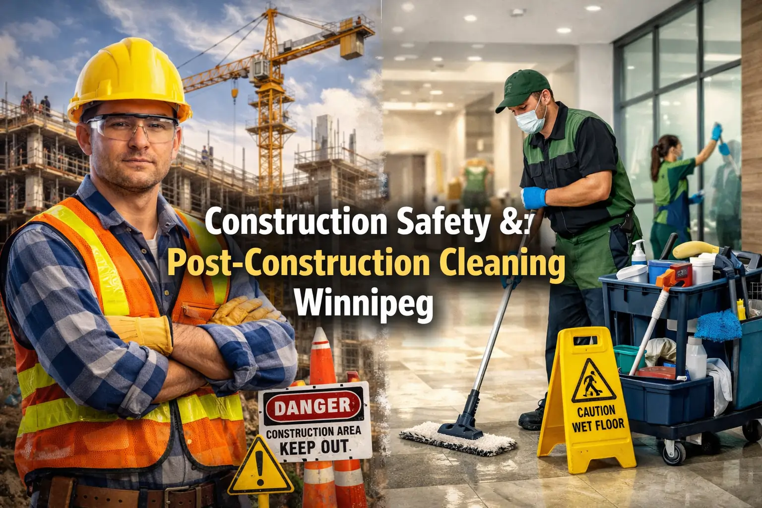 Post-construction cleaning crew removing debris inside Winnipeg building before final handover