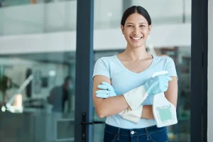 Professional office cleaning in a Calgary hybrid workspace with shared desks and meeting rooms