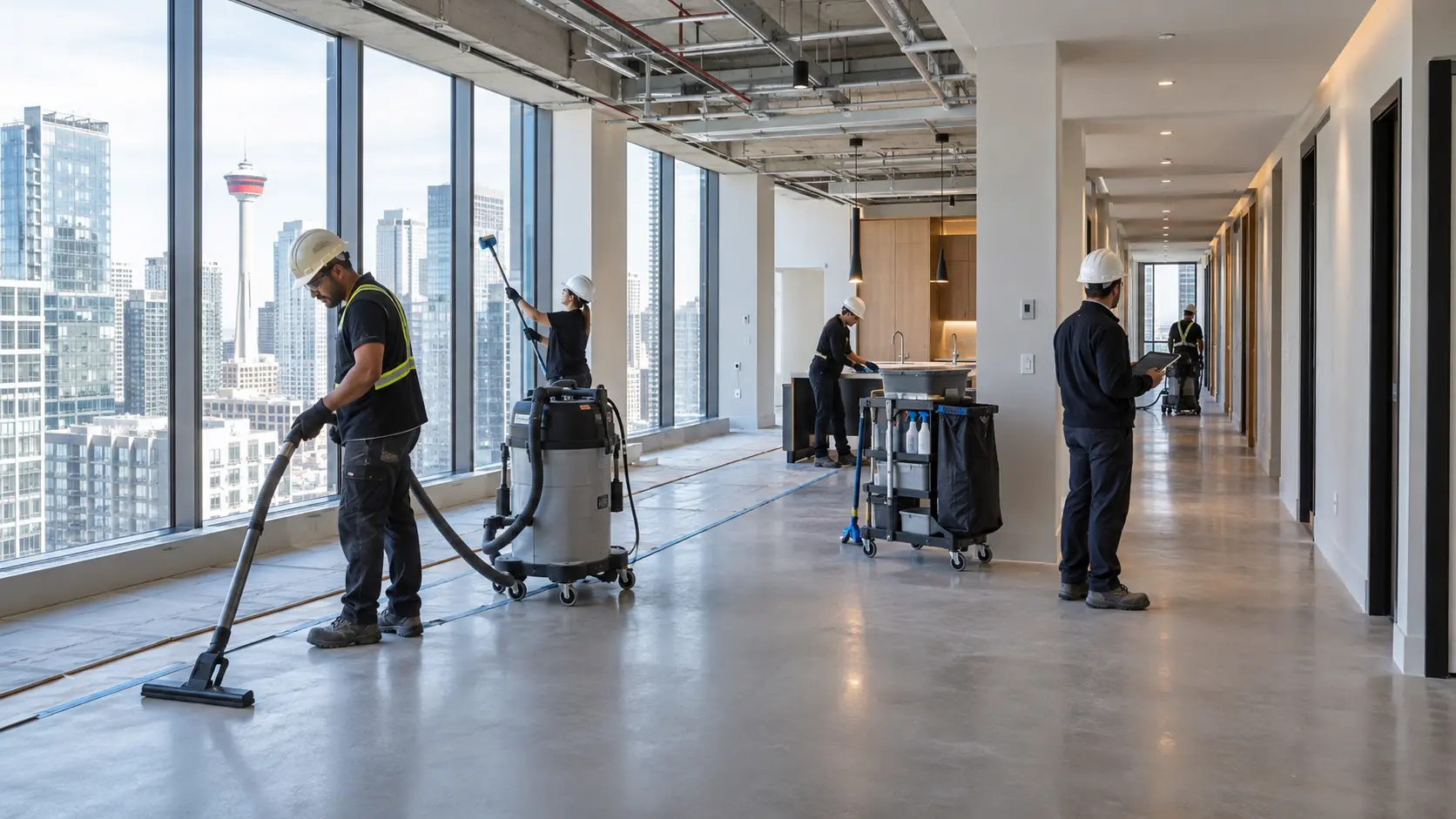 Post-construction cleaning inside a Calgary office tower conversion