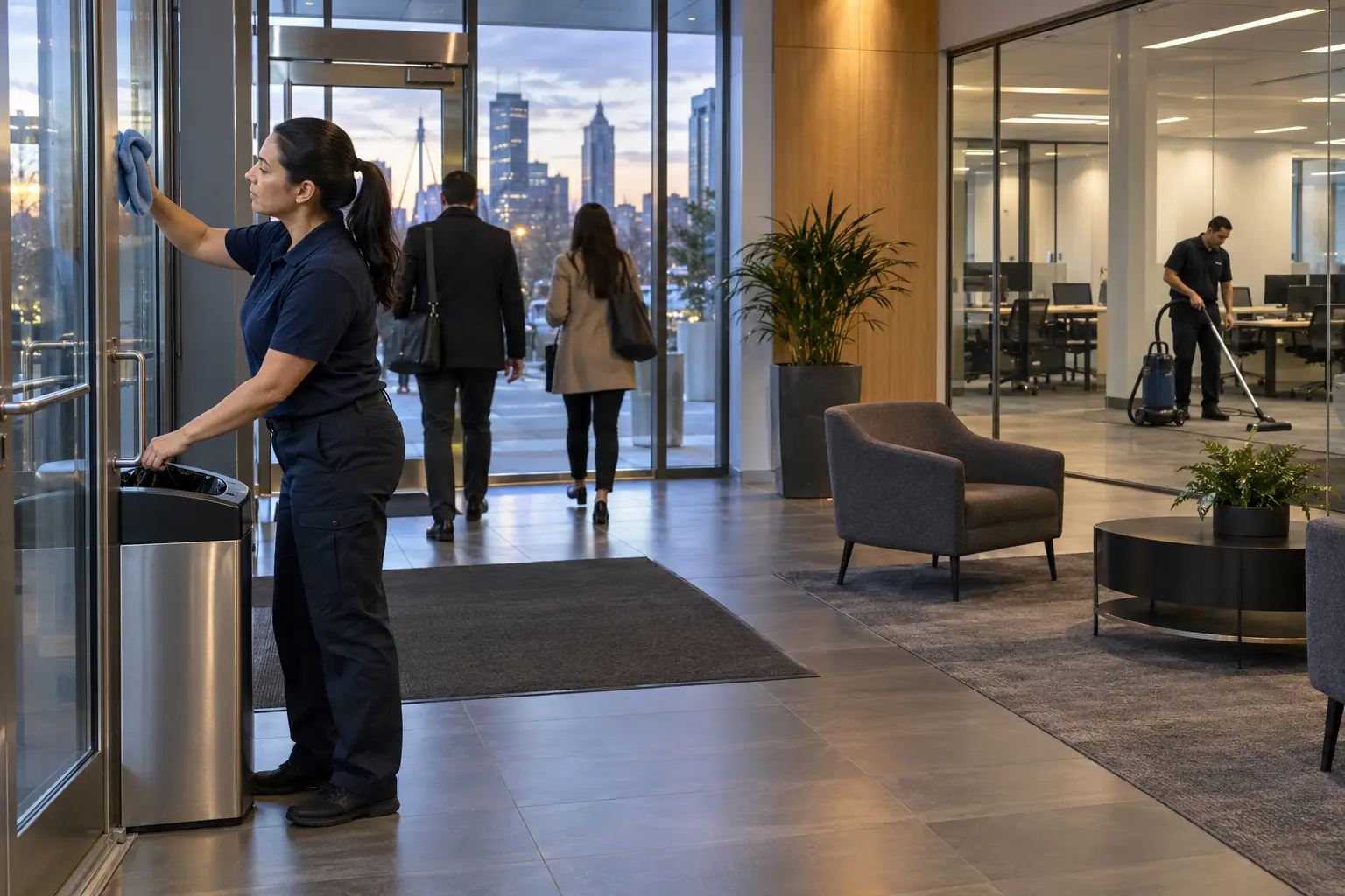 Day porter cleaning a Winnipeg office lobby while an after-hours cleaner vacuums an empty workspace.