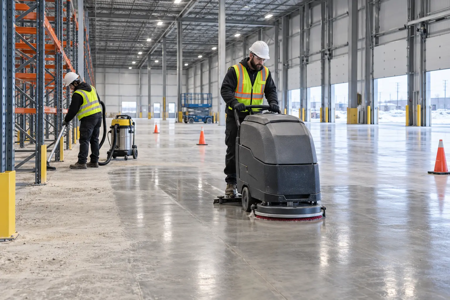 Commercial cleaners completing post-construction floor and racking cleanup inside a Winnipeg warehouse.